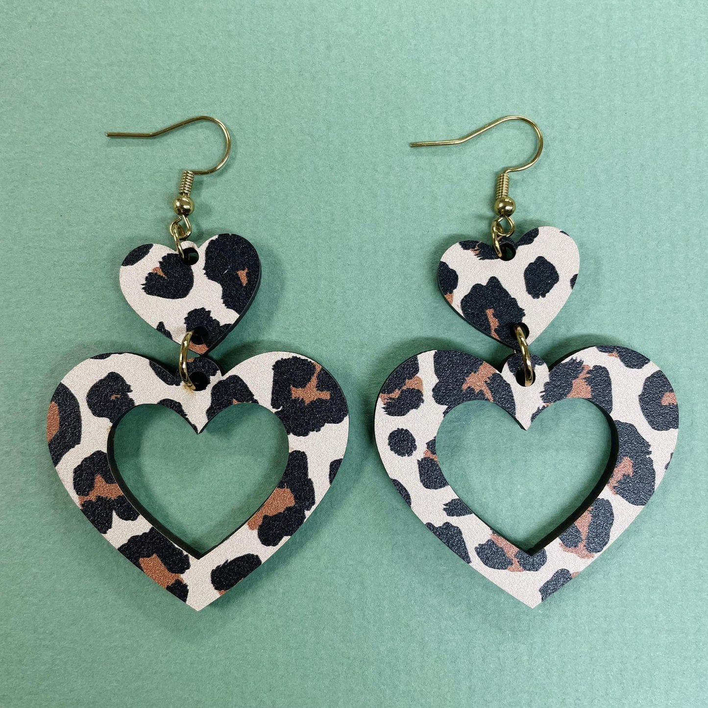 Leopard Wood Heart Dangles