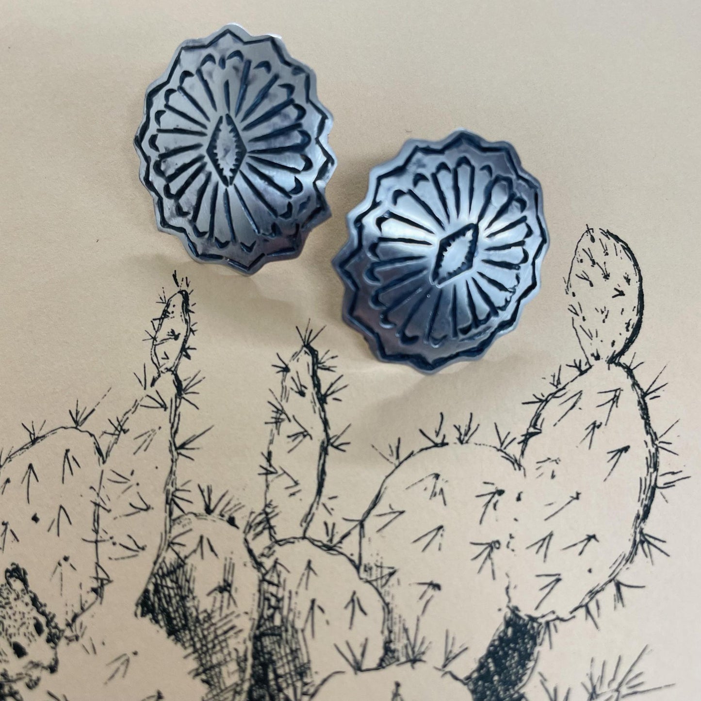 Small Stamped Concho Matte Post Earrings - Boho Sol