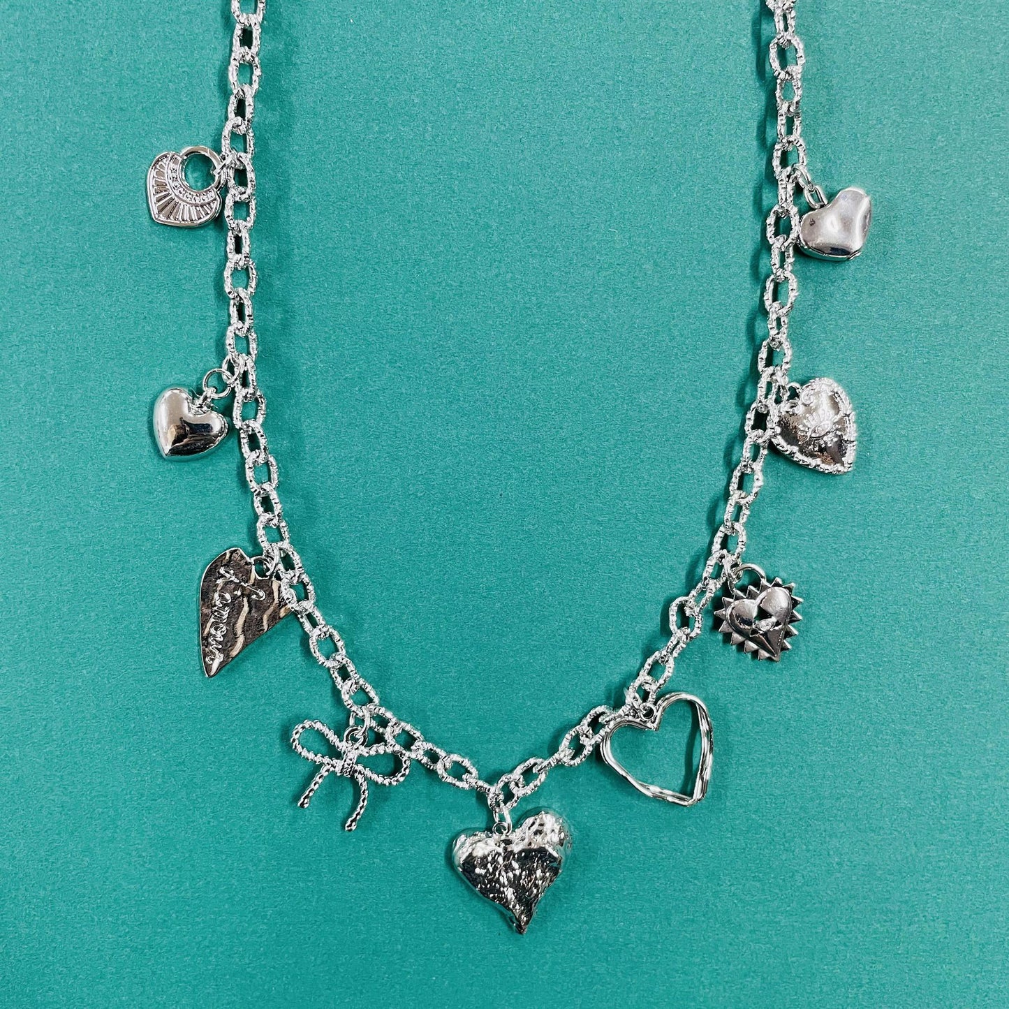 Silver Heart and Ribbon Charm Necklace - LBF