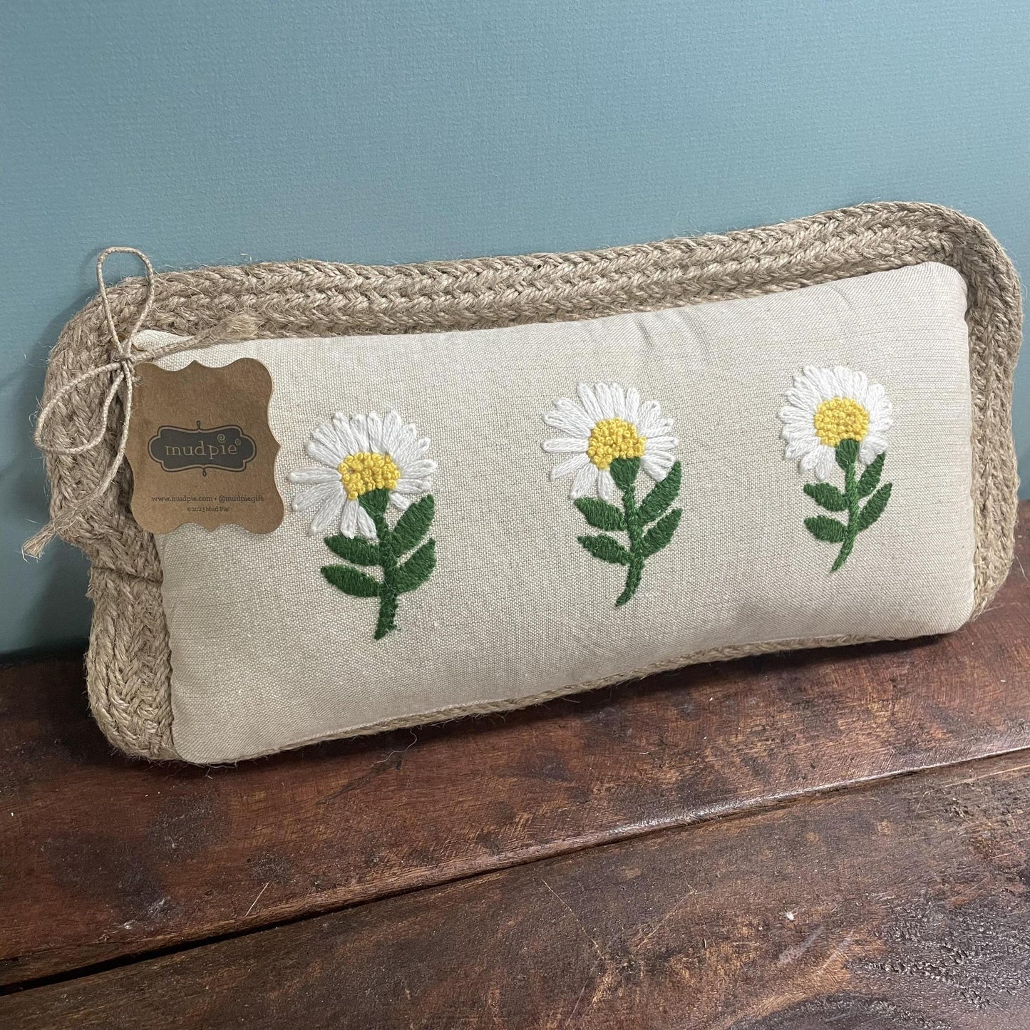 Three Flower Embroidered Pillow- Mud Pie