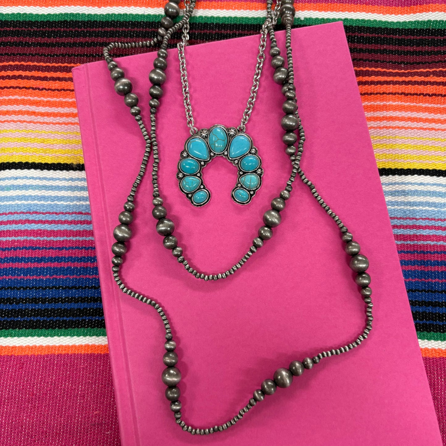 2 Layer Squash Blossom Pendant and Pearl Long Necklace - Boho Ranch Shop