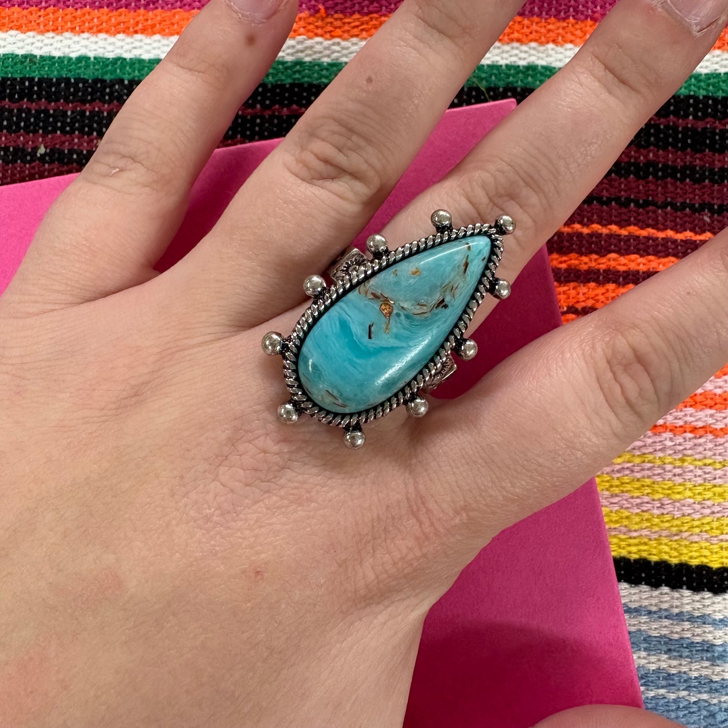 Western Style Teardrop Turquoise Stretch Ring - Boho Ranch Shop