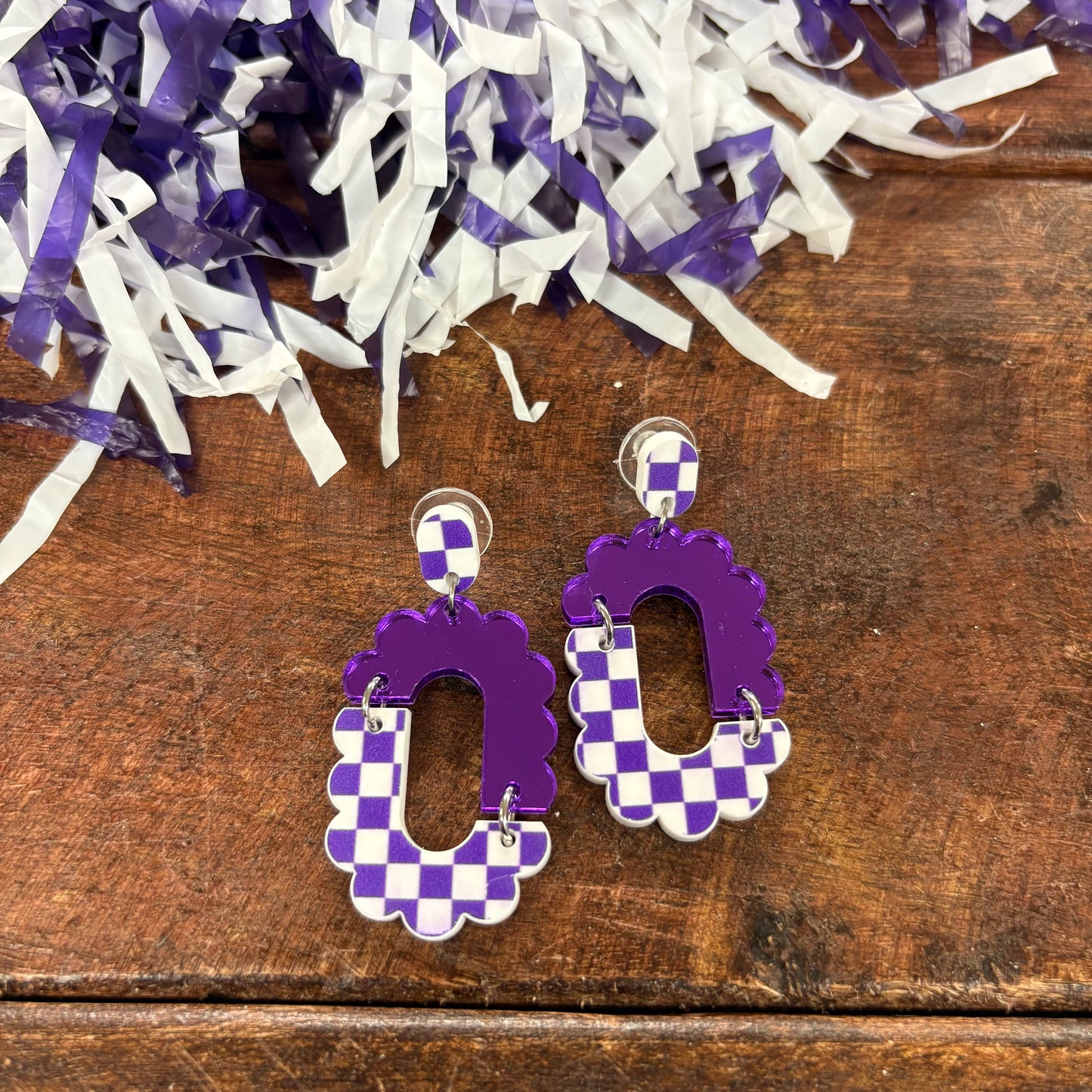 Purple Checkered Scalloped Loop Earrings - Doohickies