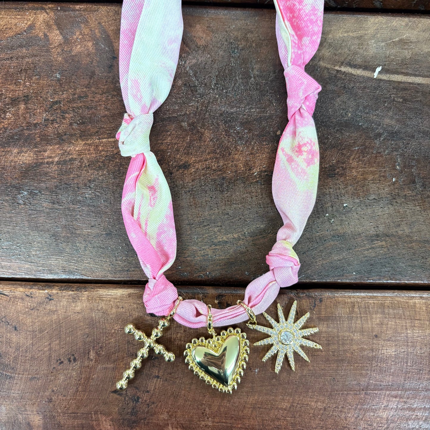 Pink And White Scarf Necklace With Multiple Charms - What's Hot
