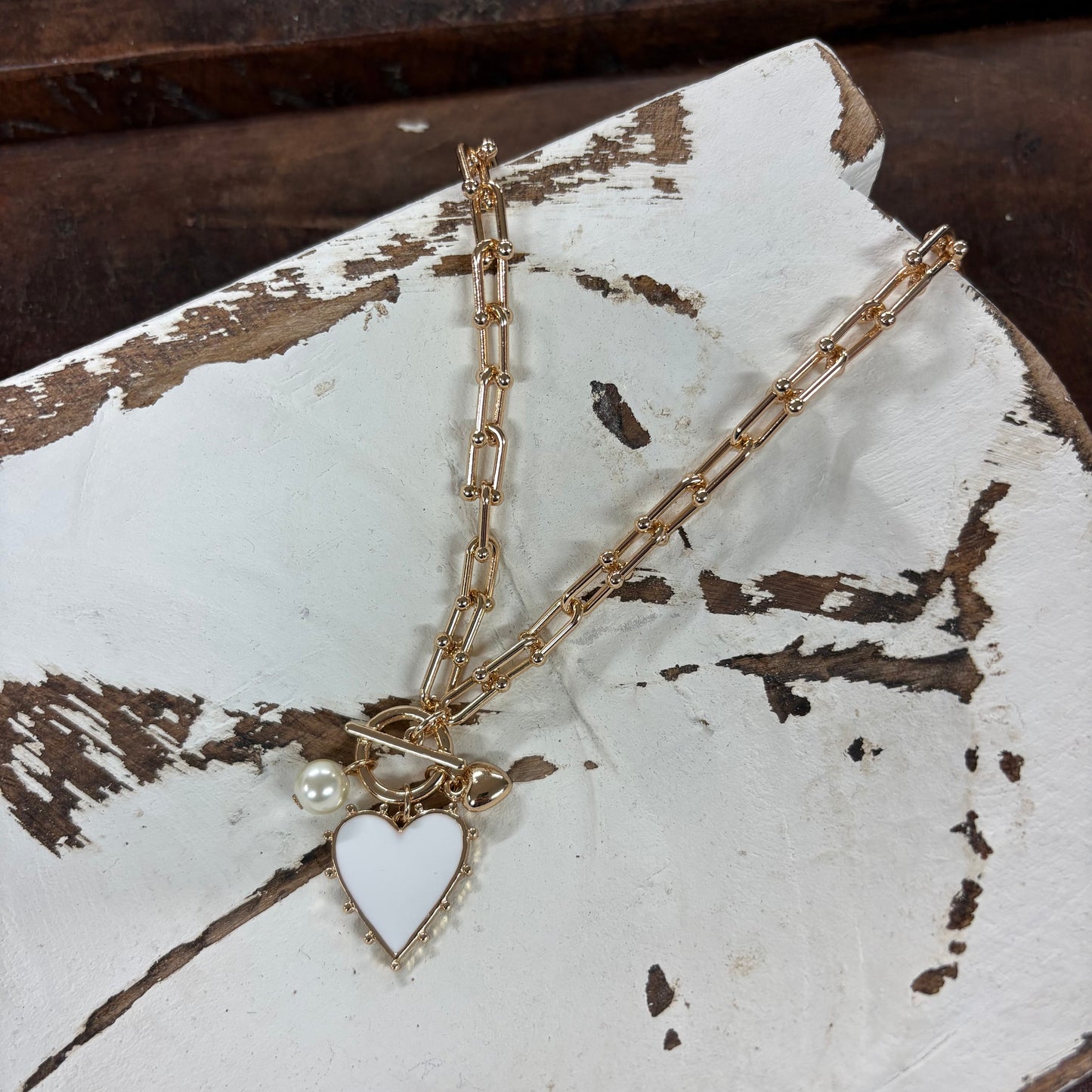 Gold Chain Necklace With White Studded Heart Charm - What's Hot