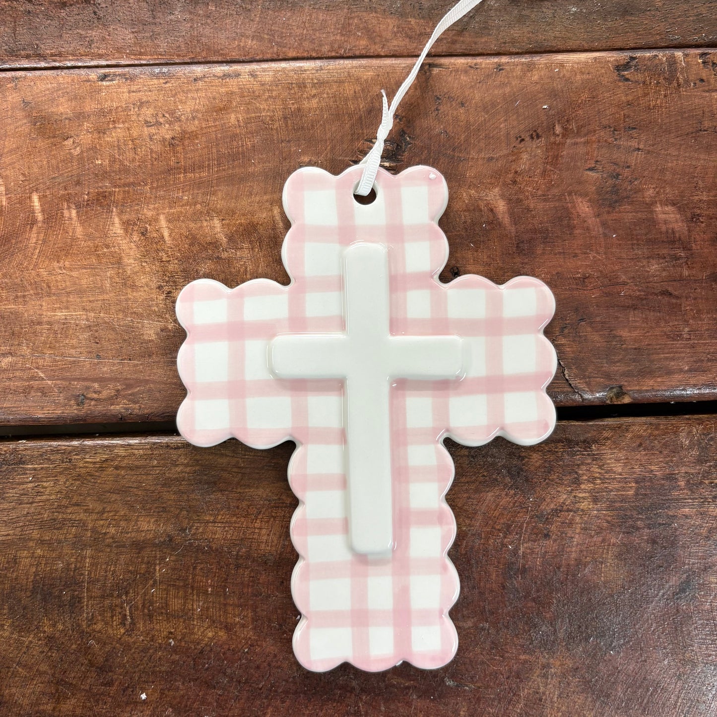 Pink Ceramic Gingham Cross - Mud Pie