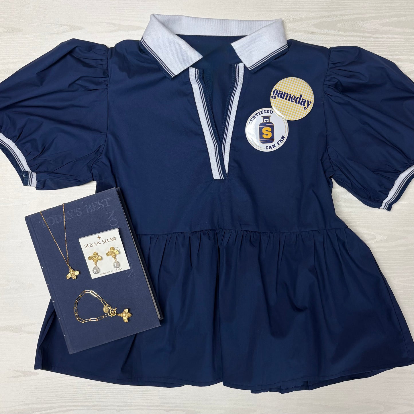 Navy Puff Sleeve Rib Band Top - Vanilla Monkey