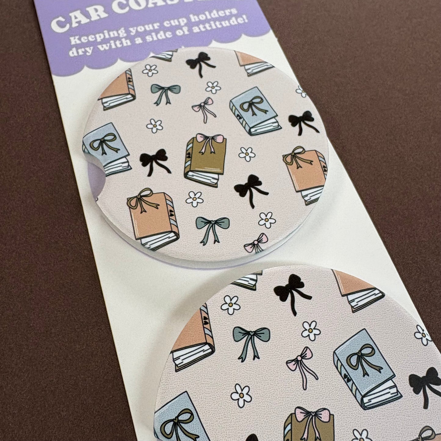 Books and Bows Car Coasters - Mugsby