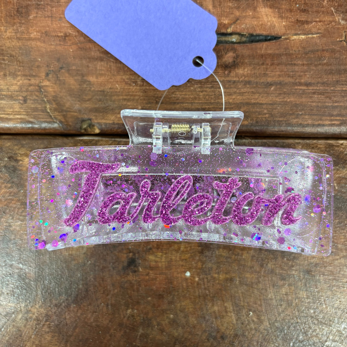 Clear Glitter with Purple Lettering Tarleton Claw Clip - H&A Art