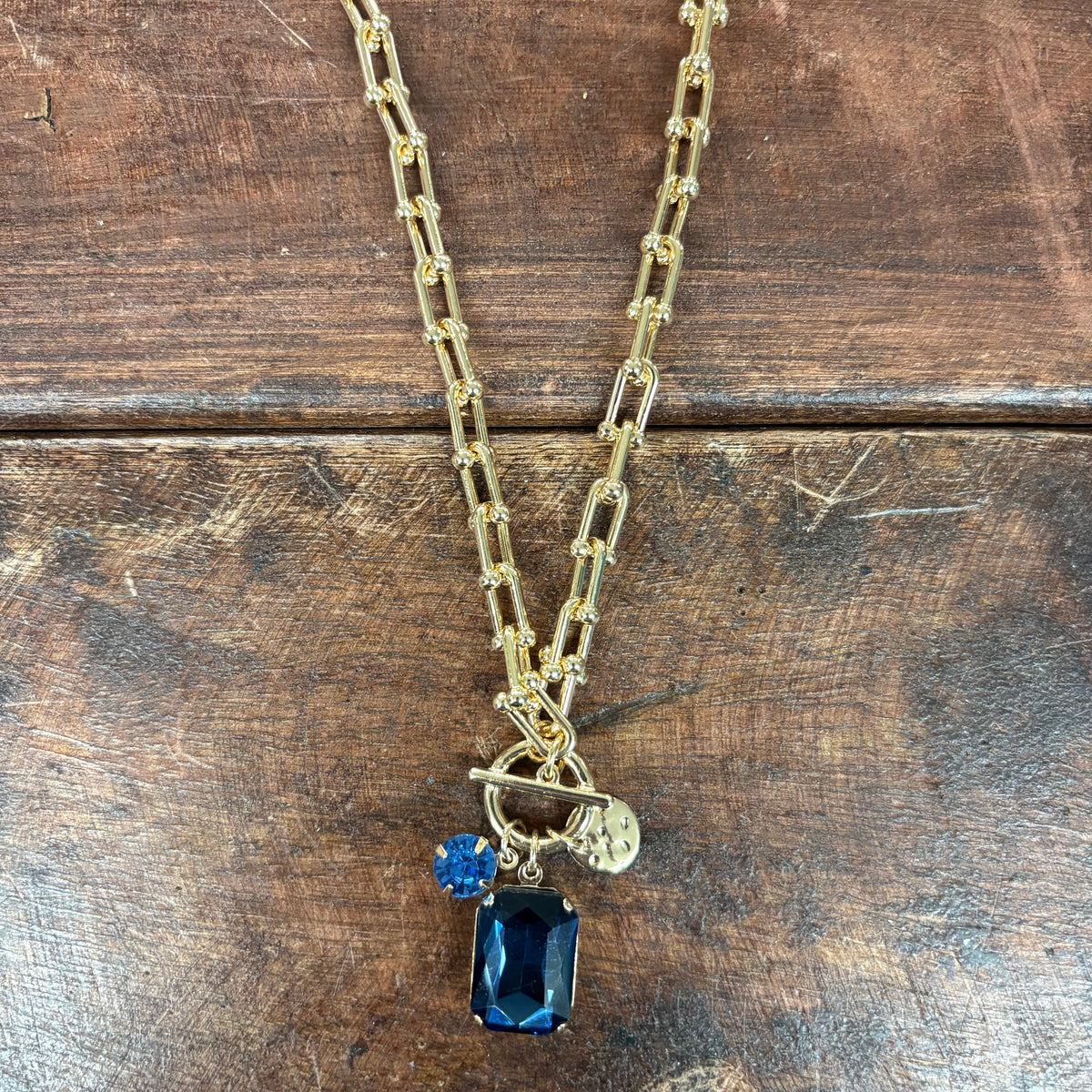 Chunky Chain with Navy Crystal Charm Necklace - What's Hot