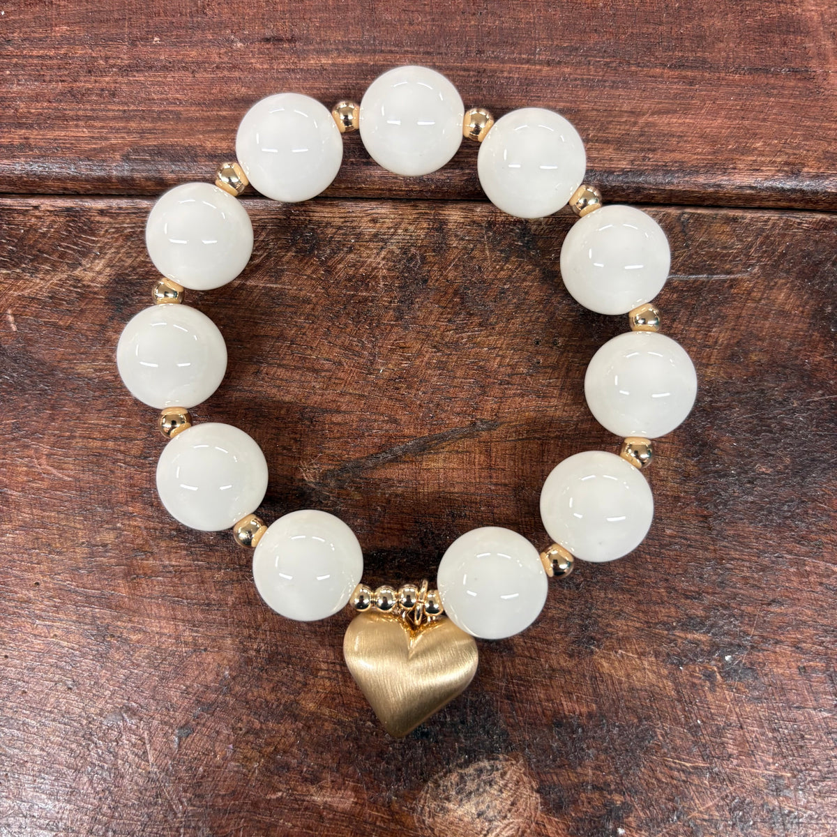 White and Matte Gold Heart Beaded Bracelet - What's Hot