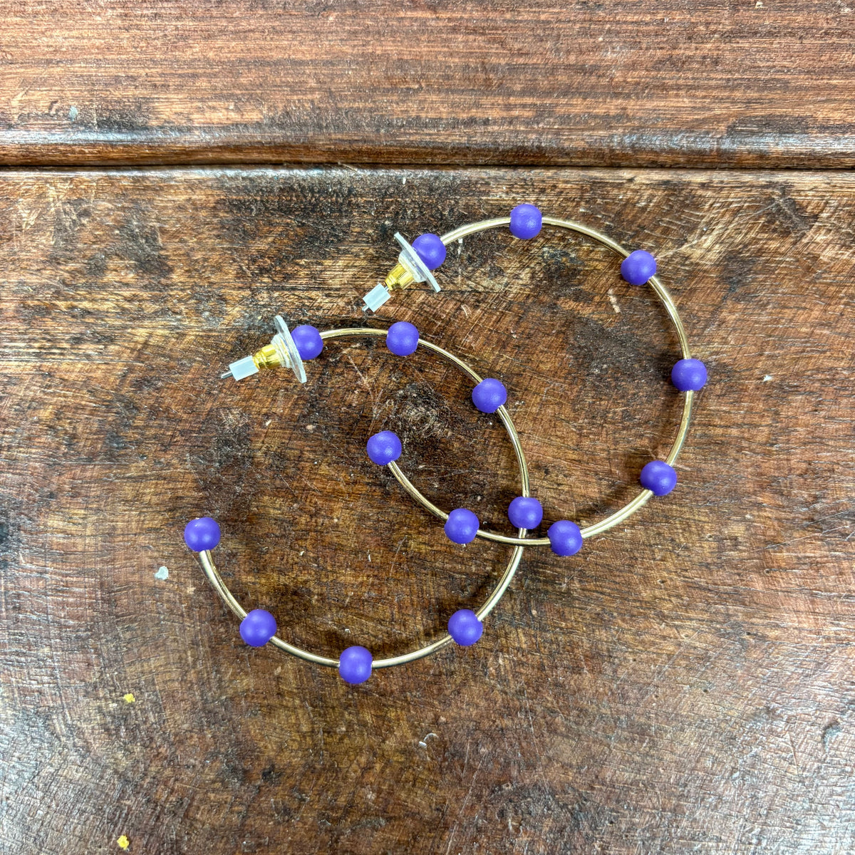 Gold Hoop With Purple Coated Bead Earrings - What's Hot