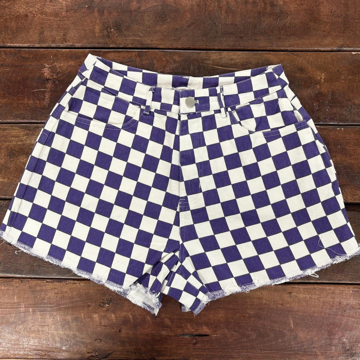 Purple Checkered Frayed Hem Shorts - Mittoshop