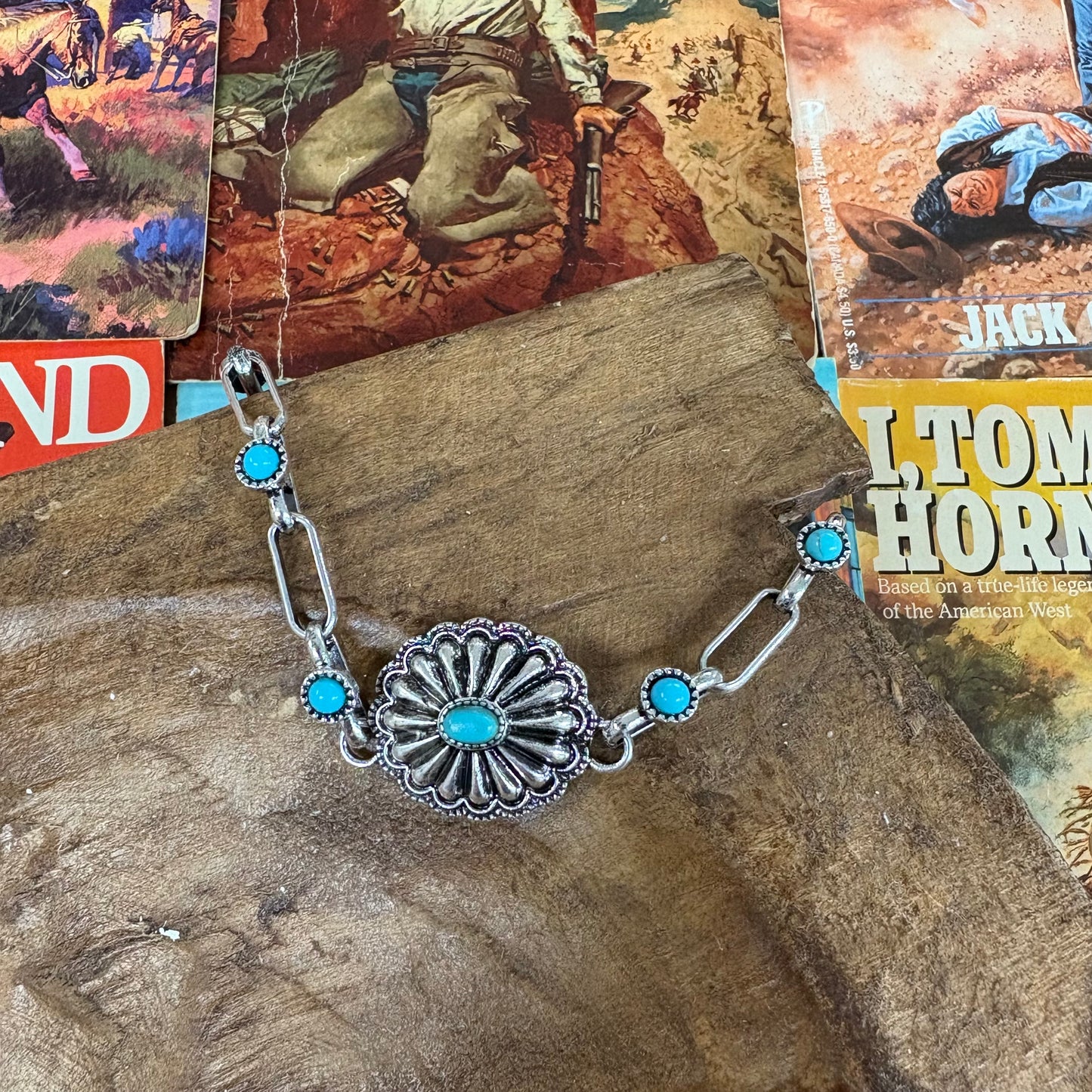 Western Concho Stone Paperclip Chain Bracelet - Boho Ranch Shop