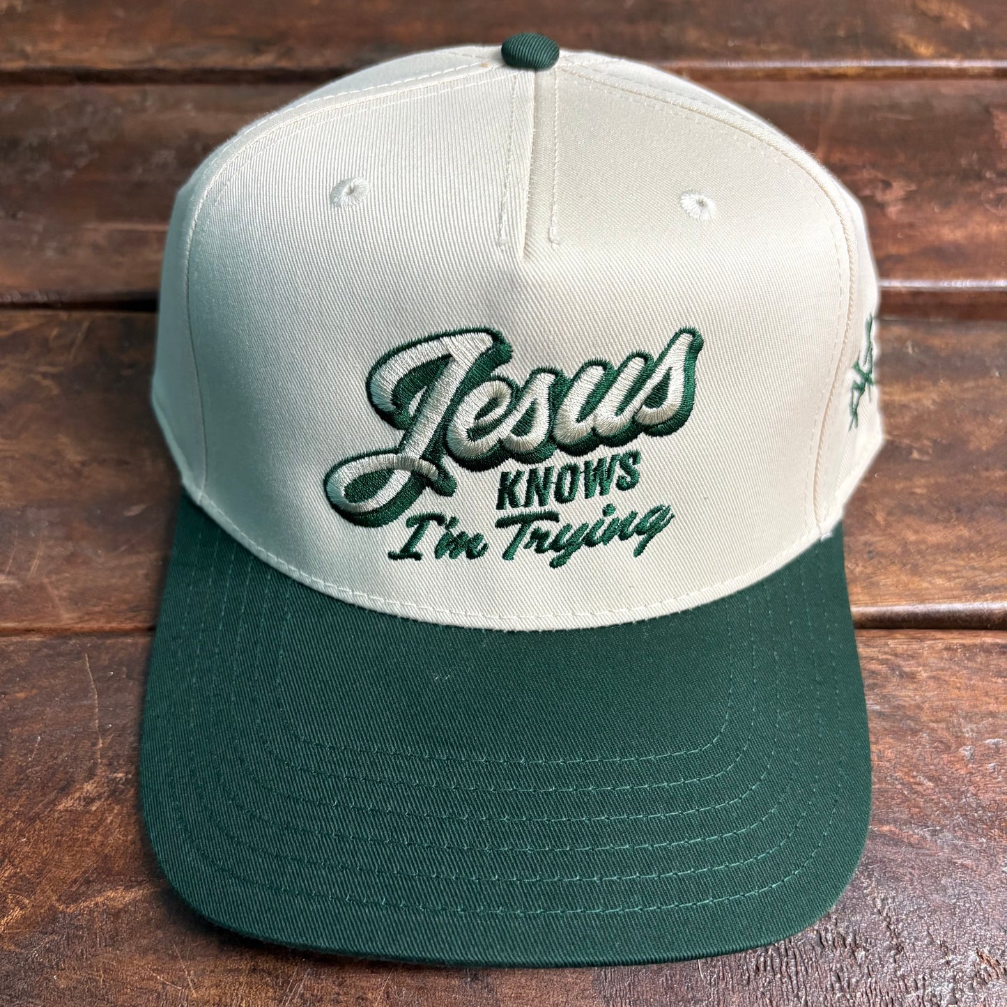 Jesus Knows Canvas Cap - Retro Dark Green/Natural - Mad Hatter Co.