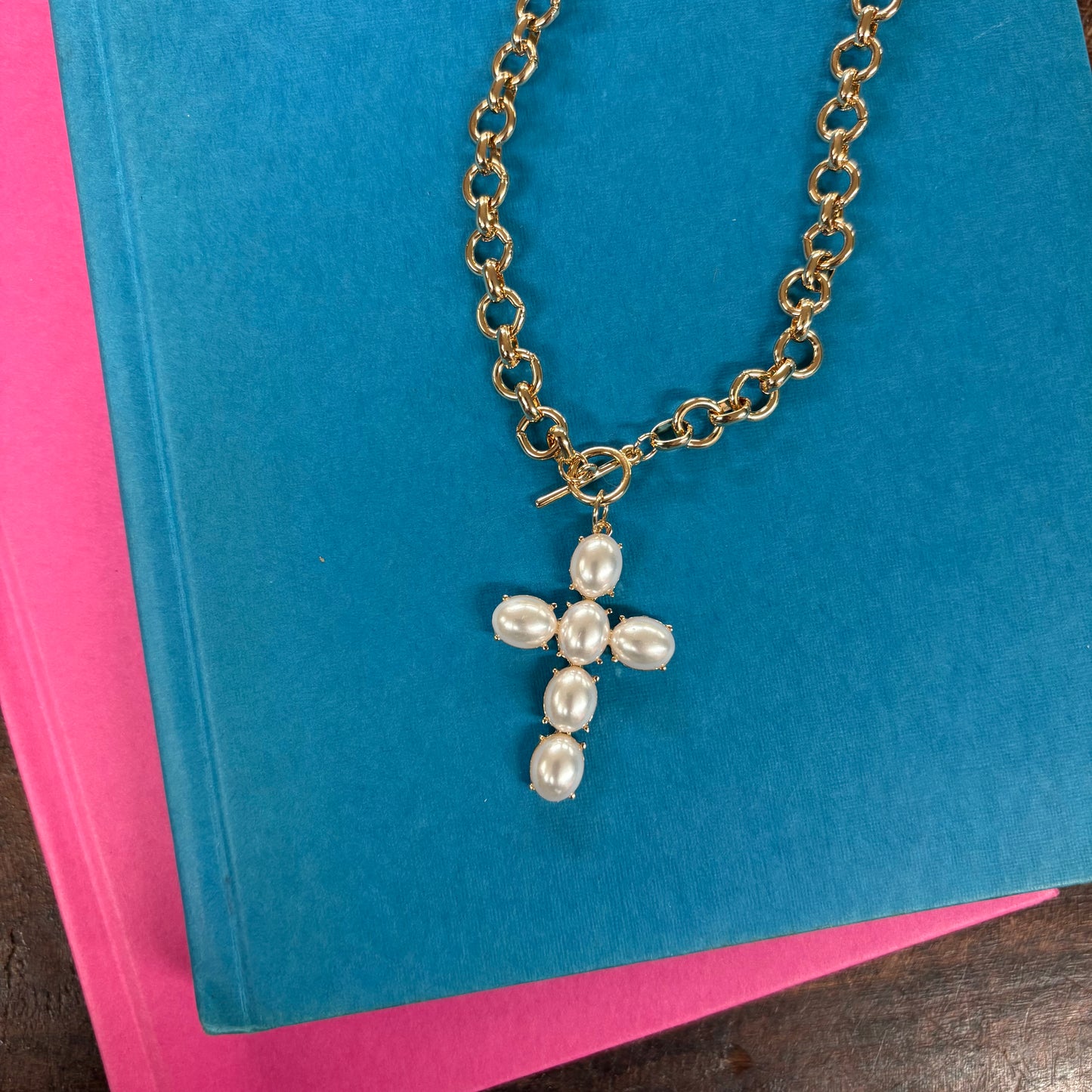 Pearl Cross Toggle Necklace - JOSSLYN