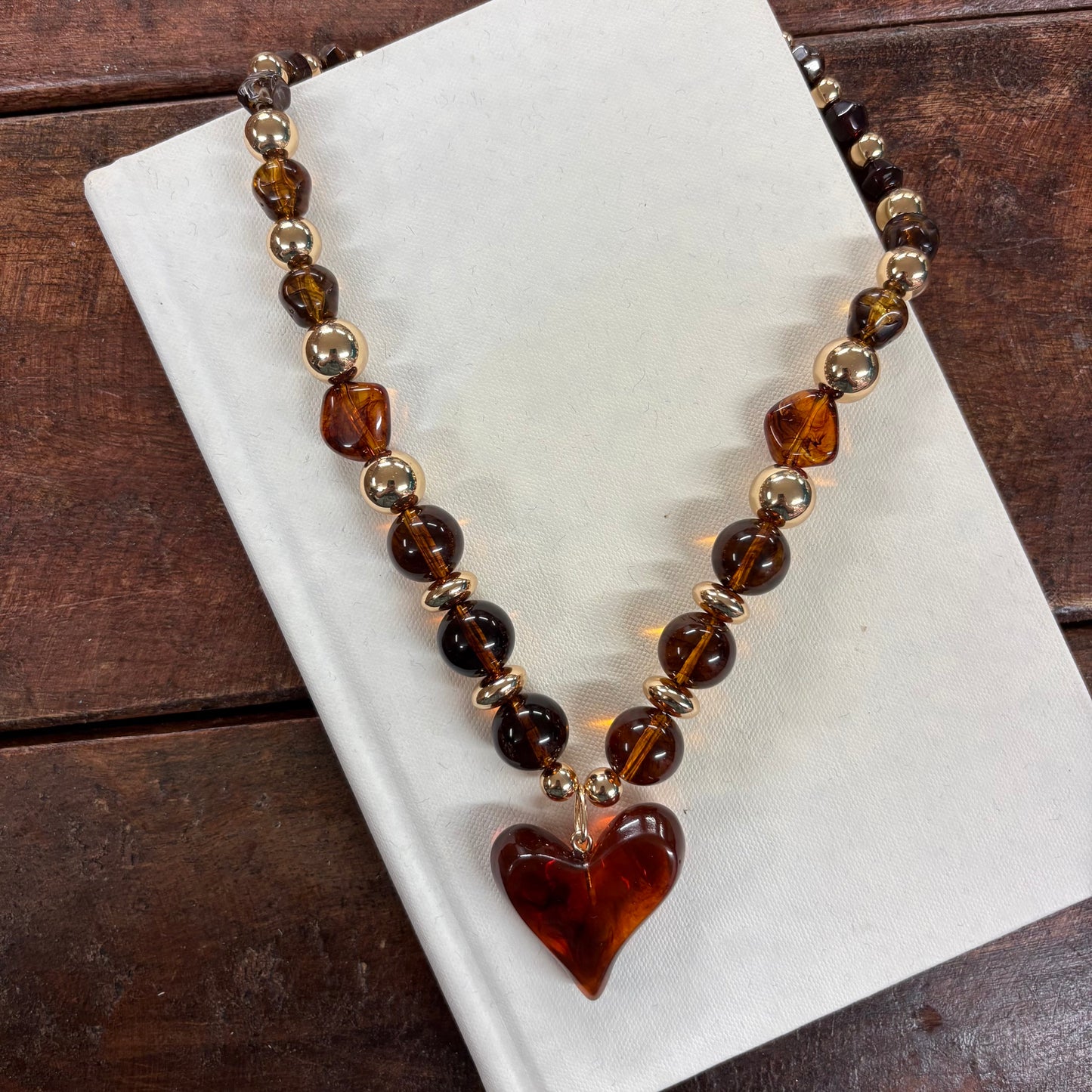 Chunky Brown Beaded Heart Necklace - JOSSLYN