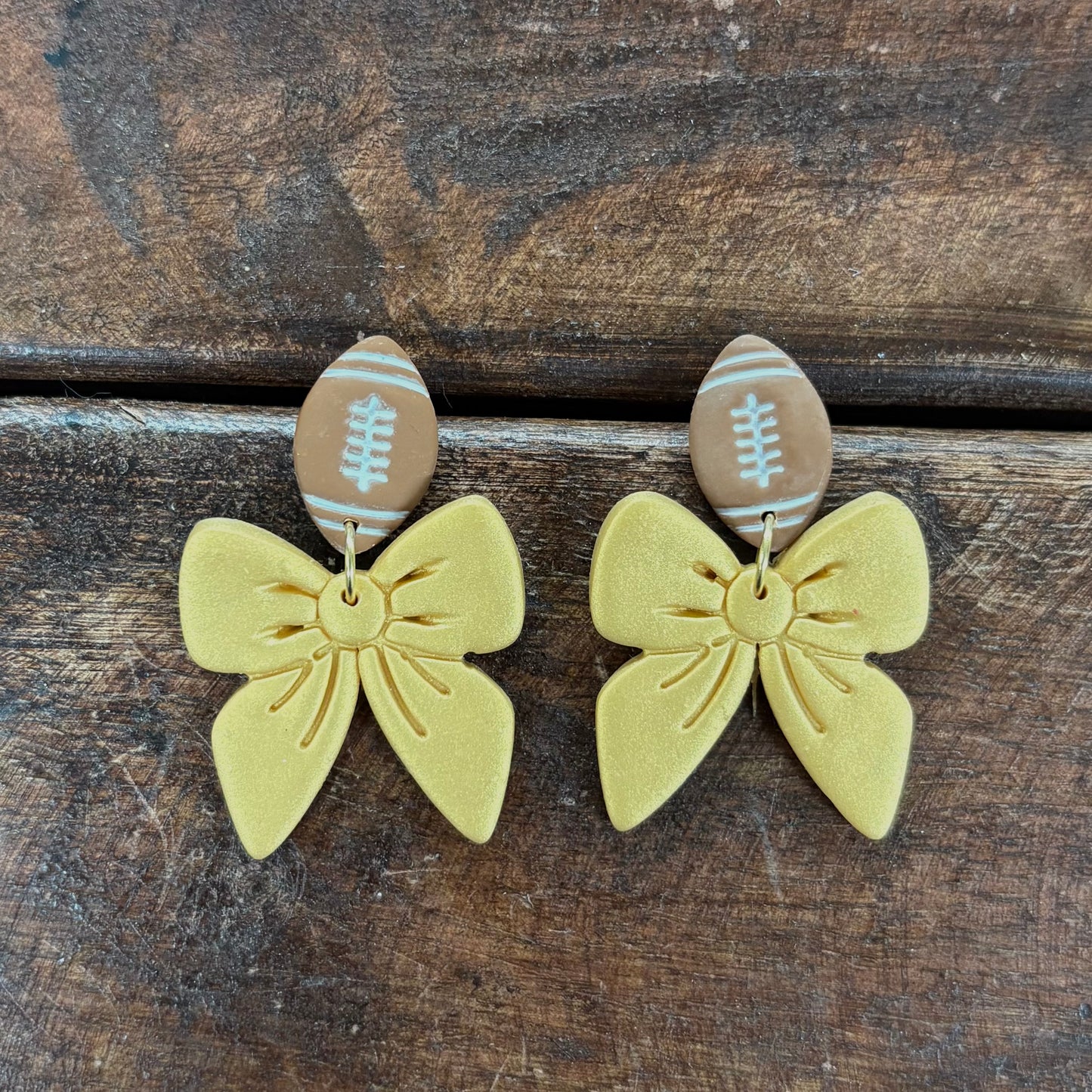 Yellow Gold Football and Bow Earrings - Clayhouse Colors