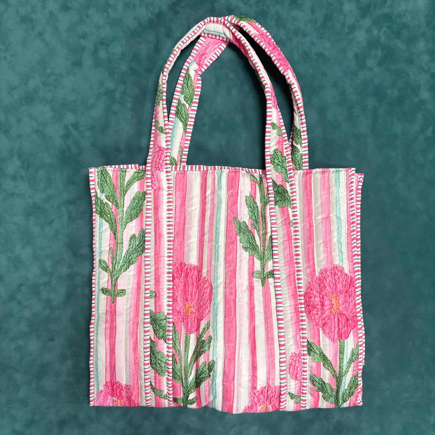 Pink Floral Stripe Tote Bag - PPTX