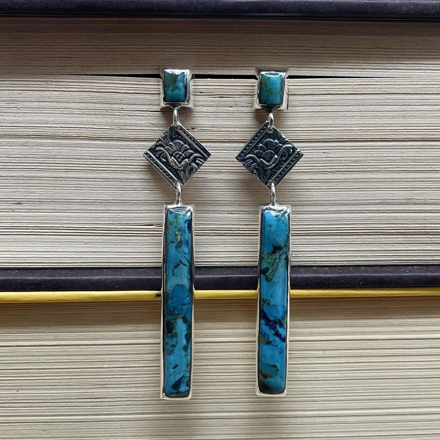 Turquoise Rectangle Stamped Post Earrings - Boho Sol