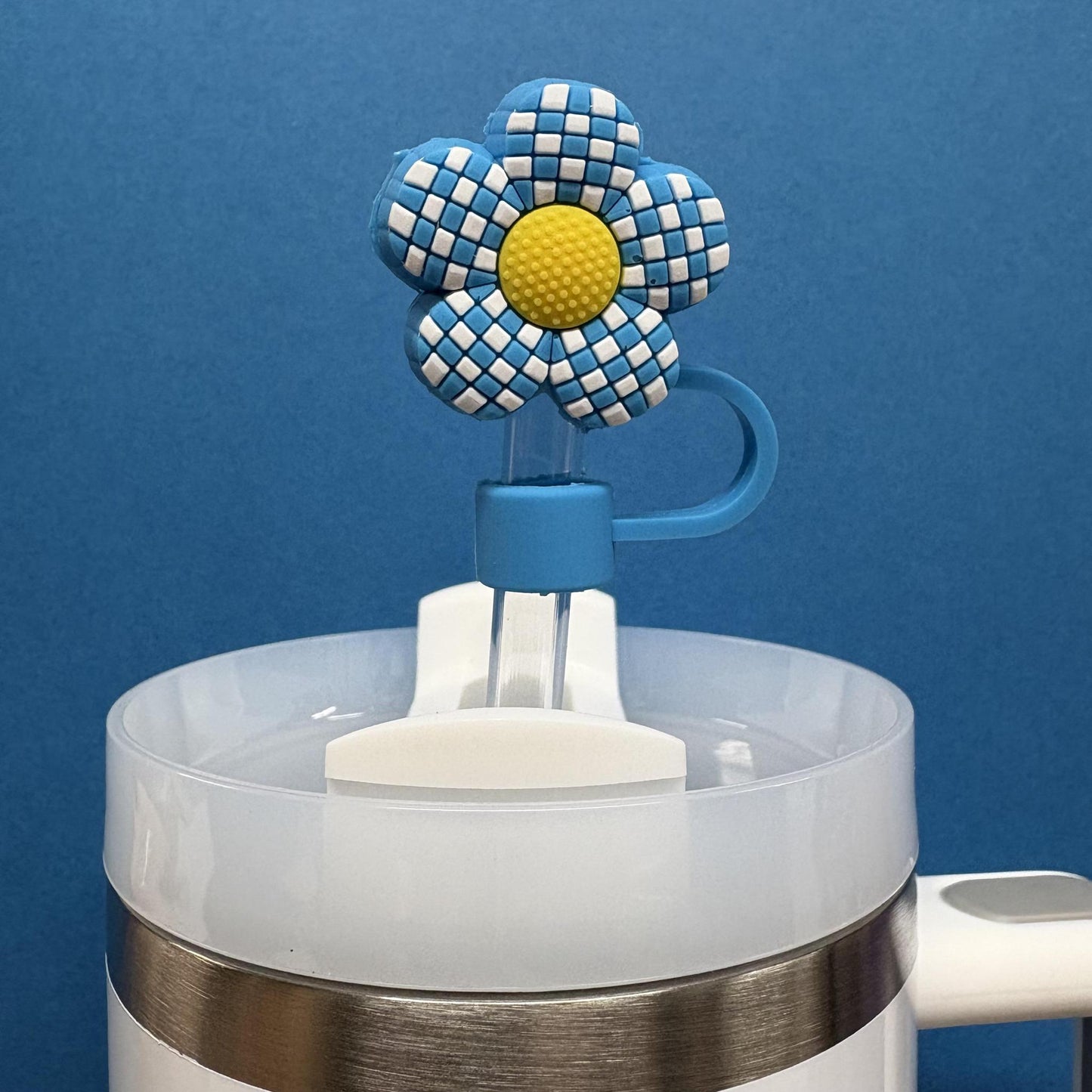 Straw Topper - Blue Checkered Daisy