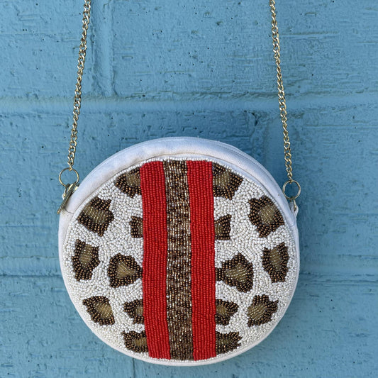 Round Leopard Print w/ Red Stripe- Purse