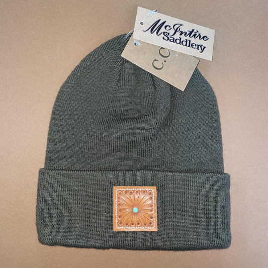 Olive Beanie w Leather Patch- McIntire Saddlery