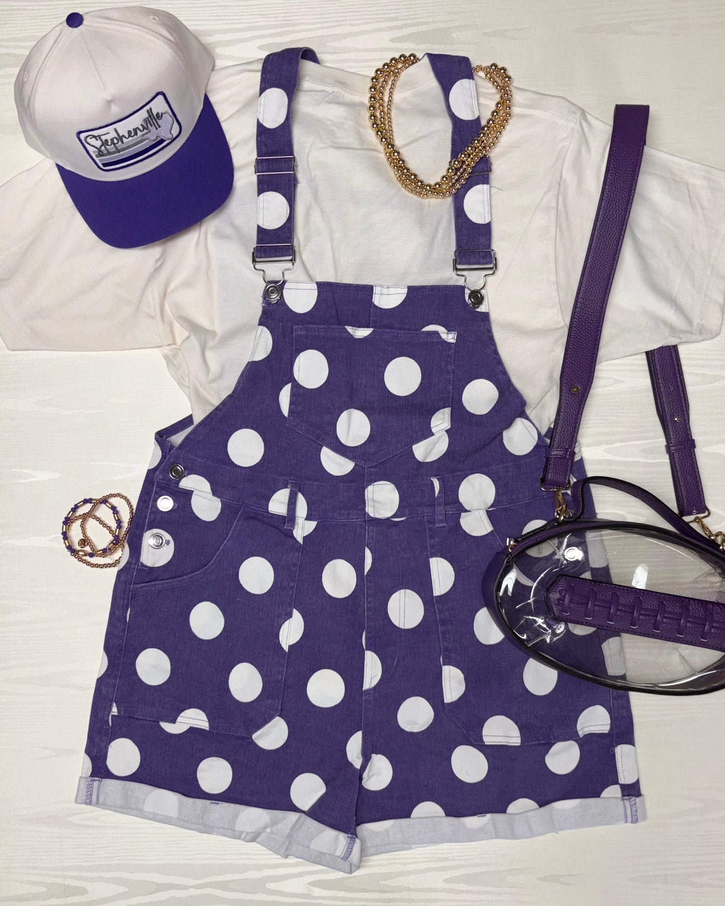 PREORDER - Purple Polka Dot Overalls
