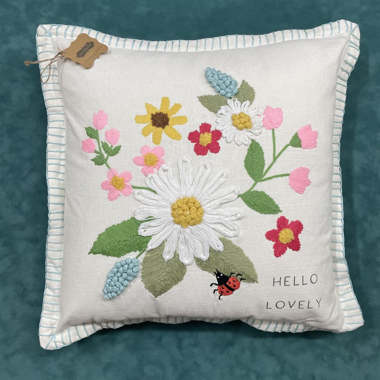 Square Floral Embroidered Pillow- Mud Pie