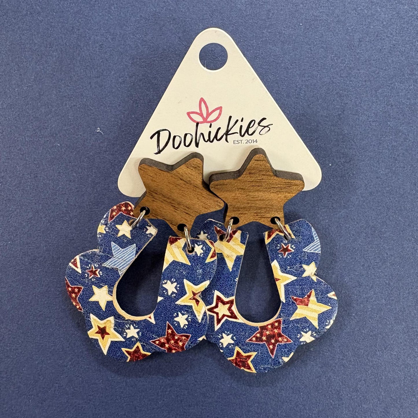 2.5" Walnut Stars & Vintage Patriotic Star Loopies- Earrings