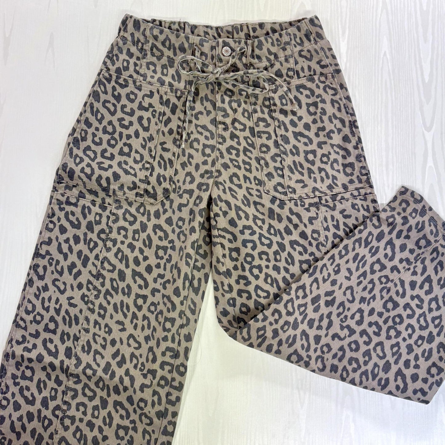 Wide Leg Drawstring Leopard Jeans - Umorger