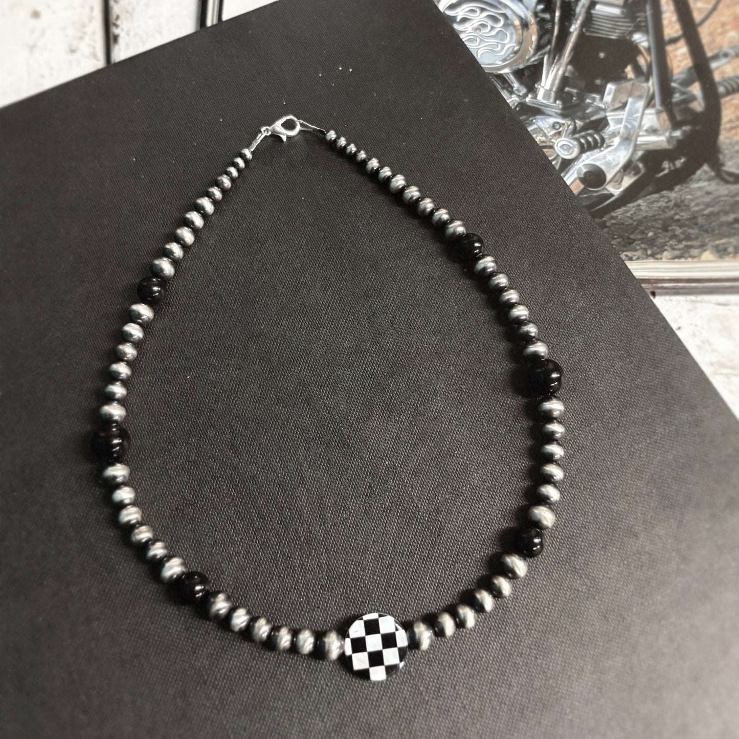 16" Sterling Silver, Onyx, and Shell Beaded Necklace