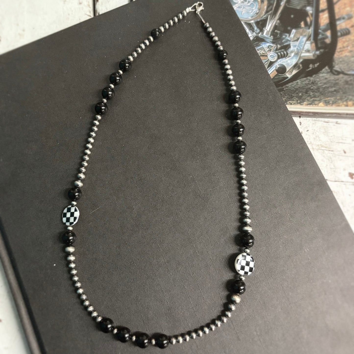 24" Sterling Silver, Onyx, and Shell Beaded Necklace - BBB