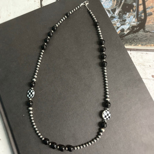 24" Sterling Silver, Onyx, and Shell Beaded Necklace - BBB