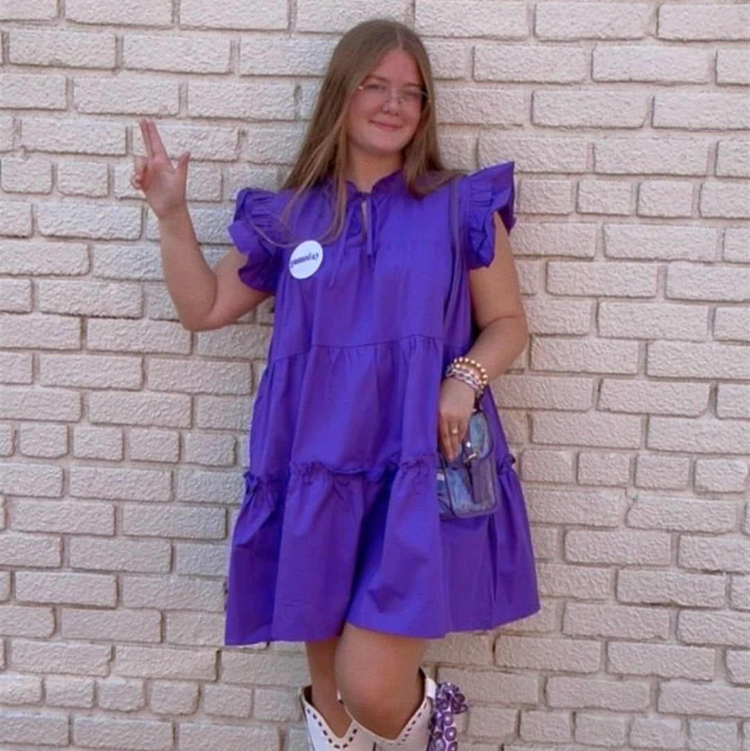 Purple Ruffle Sleeve Tiered Dress - Newbury Kustom