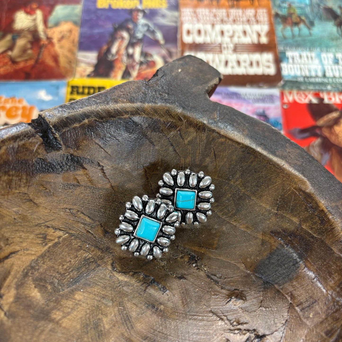 Square Turquoise Earrings with Square Center Stone - ATG