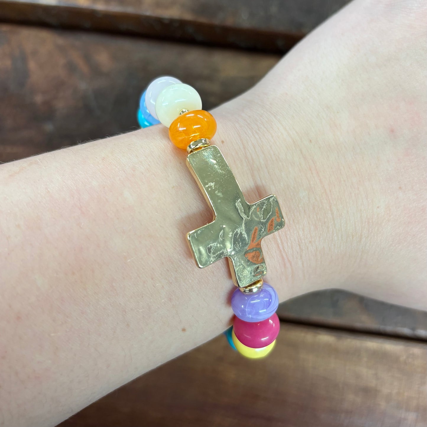 Multi Beaded Stretch Bracelet With Hammered Cross - What's Hot