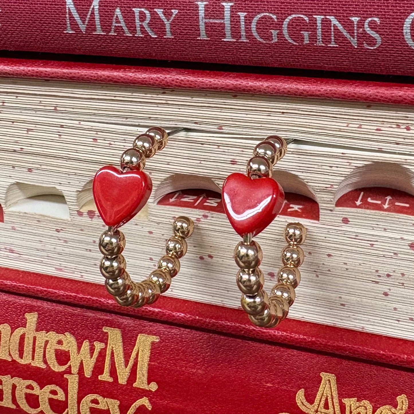 Gold Beaded Hoop Earrings With Red Heart Accent - What's Hot