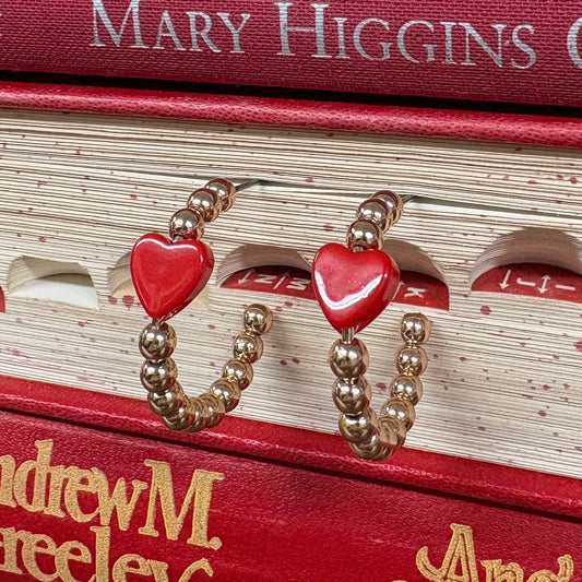 Gold Beaded Hoop Earrings With Red Heart Accent - What's Hot