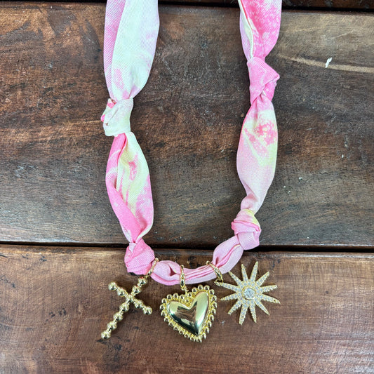 Pink And White Scarf Necklace With Multiple Charms - What's Hot