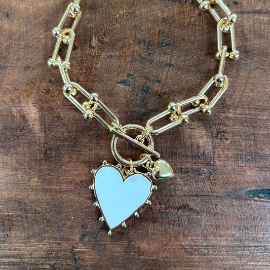 Gold Chain With White Studded Heart Charm Bracelet - What's Hot
