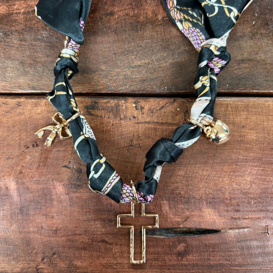 Black Knotted Scarf Necklace With Three Charms - What's Hot