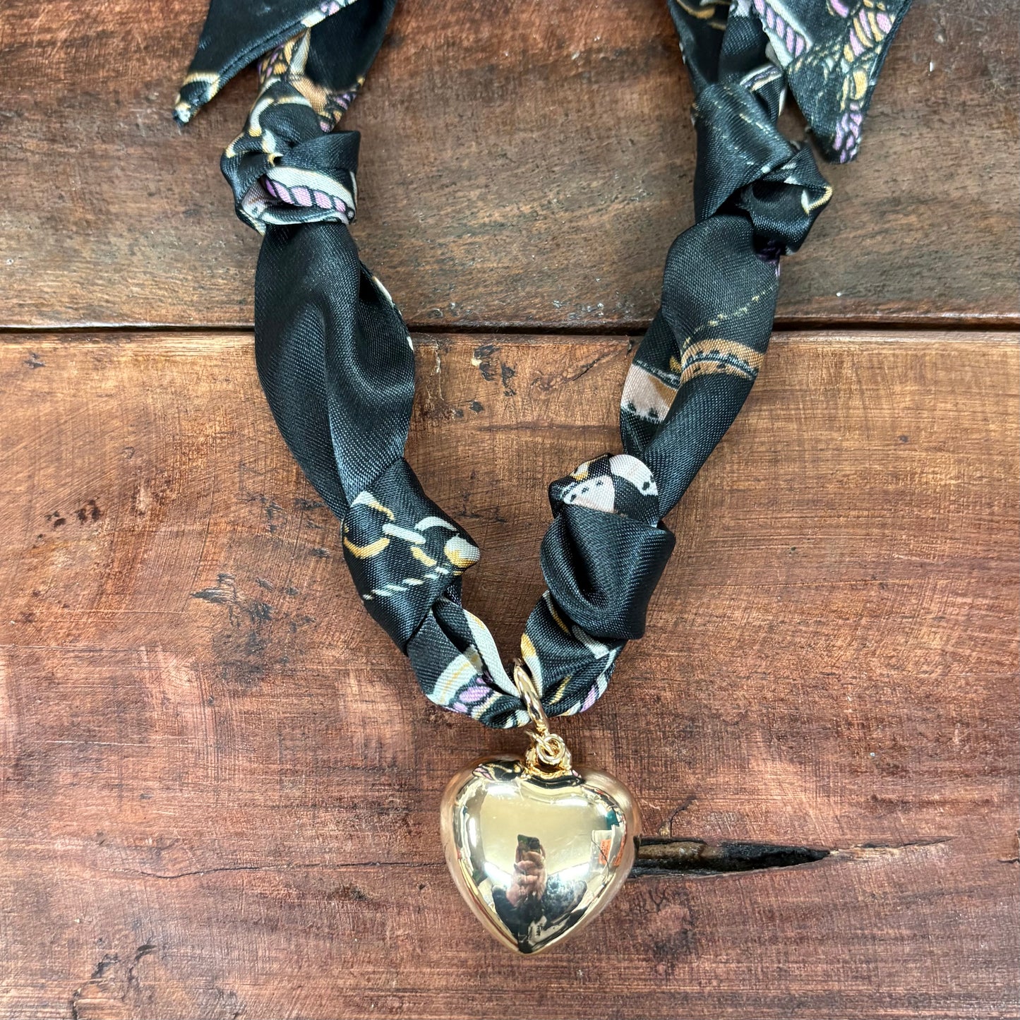 Black Knotted Scarf Necklace With Puff Heart Charm - What's Hot