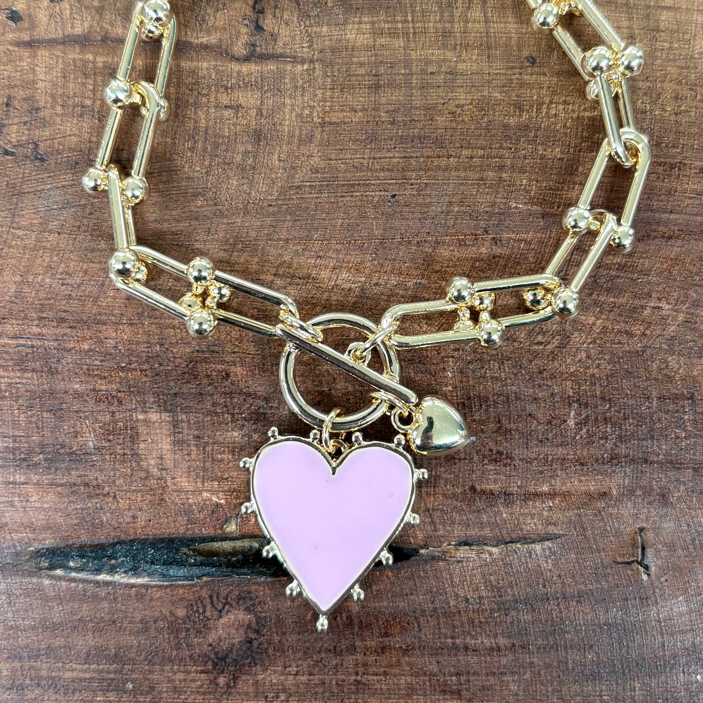 Gold Chain With Pink Studded Heart Charm Bracelet - What's Hot