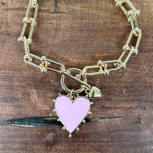 Gold Chain With Pink Studded Heart Charm Bracelet - What's Hot