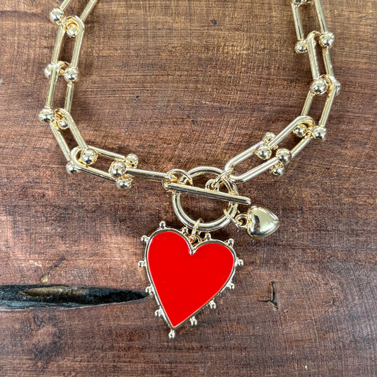 Gold Chain With Red Studded Heart Charm Bracelet - What's Hot