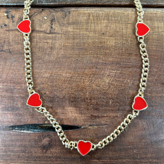 Gold Textured Chain With Red Hearts - What's Hot