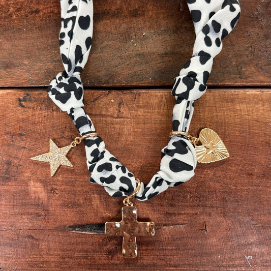 White and Black Cheetah Print Scarf Charm Necklace - What's Hot