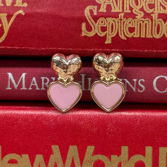Gold Hammered and Pink Heart Stud Earrings - What's Hot