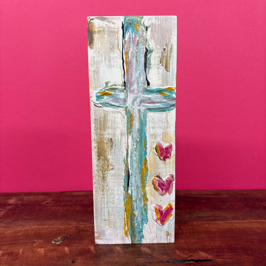 Hearts Cross Wood Block Sign - Glory Haus